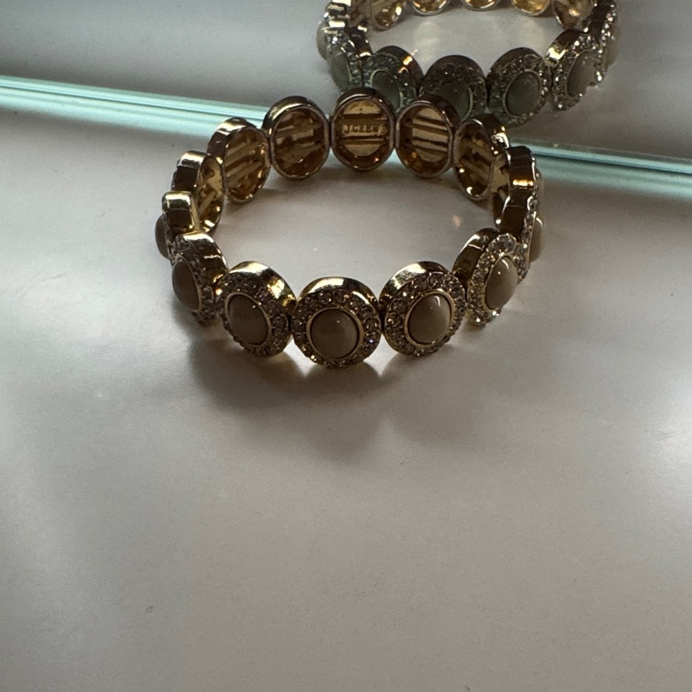 Gold-Tone Cream Enamel and Crystal Stretch Bracelet